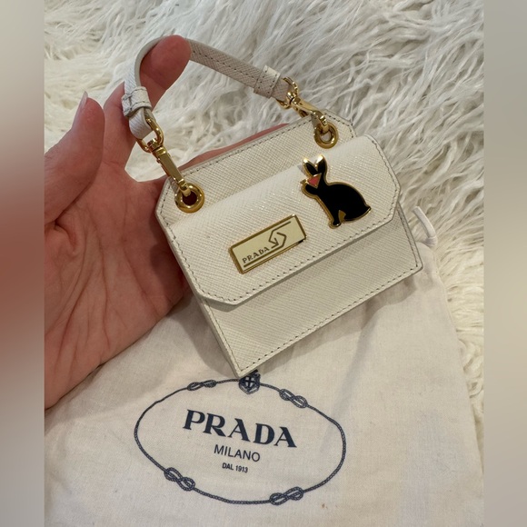Prada White Mini Bag Saffiano Leather Rabbit Charm AUTHENTIC - Picture 2 of 4